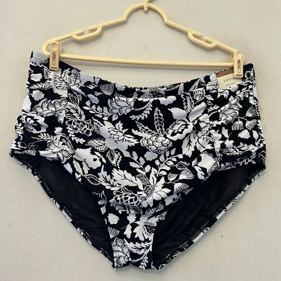 ArteSands black white floral high waist rouched swim bottoms Size 20 New - Picture 1 of 10
